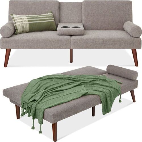 Fabric Upholstered Convertible Futon w/ Rounded Armrests, 2 Cupholders - Lot 480