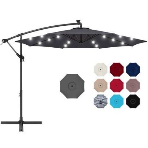 Solar LED Offset Hanging Patio Umbrella w/ Crank Tilt Adjustment - 10ft - Lot 580