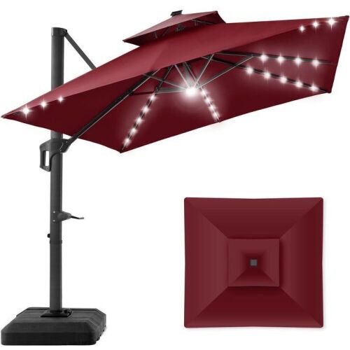 2-Tier Square LED Cantilever Offset Umbrella w/ 360 Rotation, Base - 10x10ft - Lot 32