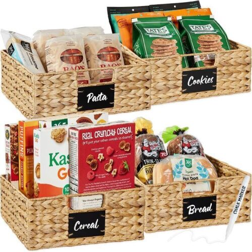 Set of 4 Water Hyacinth Pantry Baskets w/ Chalkboard, Marker - 13in - Lot 492