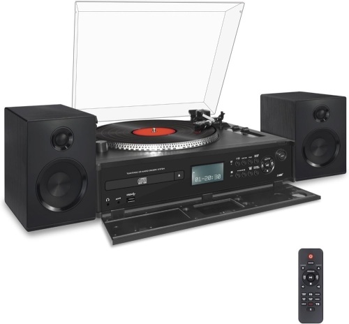 LUXSWAY Vinyl Record Player, Hi-Fi System Bluetooth Turntable Players with Stereo Bookshelf Speakers, Belt Drive 2-Speed, LCD Displayer with CD Player,USB Encoding, FM Radio, Remote Control Included - Lot 3388