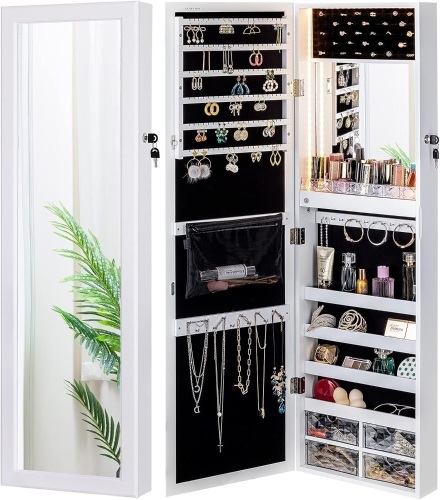 LUXFURNI Mirror Jewelry Cabinet 79 LED Lights Wall-Mount/Door-Hanging Armoire, Lockable Storage Organizer w/Drawers (White) - Lot 3535
