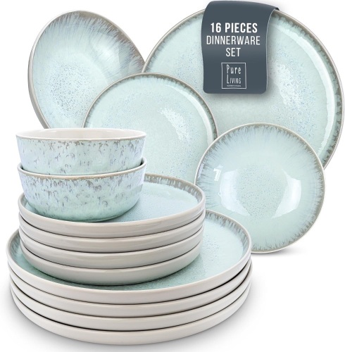 16 Piece Dinnerware Sets for 4 - Modern Style Stoneware Dinnerware Set - Scratch Resistant,Dishwasher,Microwave Safe Plates and Bowls Sets Ceramic,Dish Set, Bowl and Plate Set - Beige and Light Blue - Lot 3580