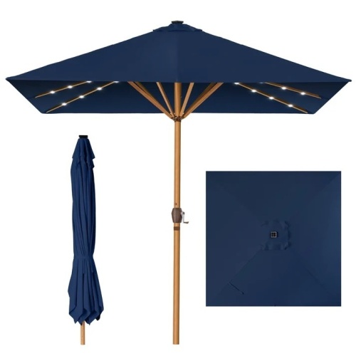 Square Solar LED Lighted Patio Umbrella w/ Faux Wood Texture - 9ft - Lot 4412