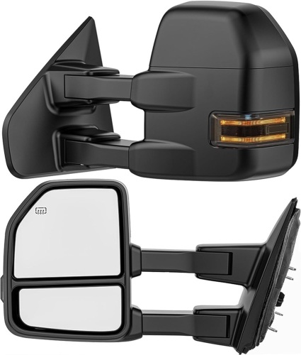Smoked Power Heated Tow Mirrors Compatible with 2015 2016 2017 2018 2019 2020 Ford F150 F-150, Extended Trailer Towing Side Mirrors w/LED Turn Signal & Ambient Temp Sensor(for 2019+) - Lot 4660