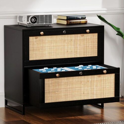 VINGLI Black Rattan 2 Drawer Lateral File Cabinet with Lock - Lot 112