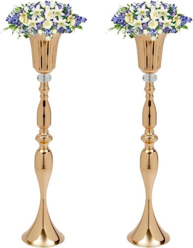 Lot of (6) Gold Metal Trumpet Flower Vase with Crystal Bead, 29.1" - Lot 152