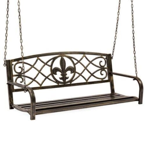 2-Person Outdoor Metal Hanging Swing Bench w/ Fleur-de-Lis Accents - Lot 240