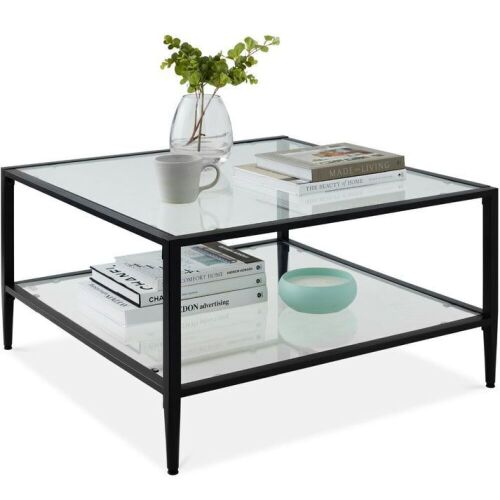 2-Tier Large Square Coffee Table Living Room Accent w/ Glass Top - 32" - Lot 242