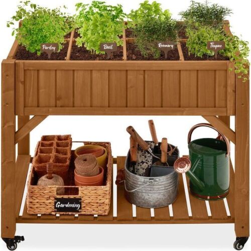 Elevated Mobile Pocket Herb Garden Bed w/ Lockable Wheels, Storage Shelf  - Lot 318