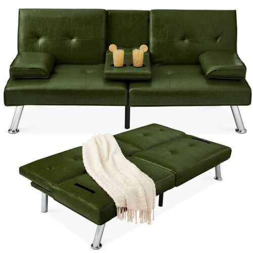 Faux Leather Upholstered Convertible Sofa Bed Futon w/ 2 Cupholders - Lot 352