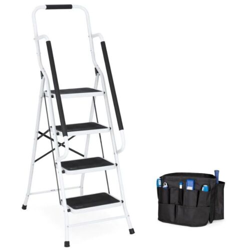 4-Step Portable Folding Ladder w/ Handrails, Attachable Tool Bag - Lot 442