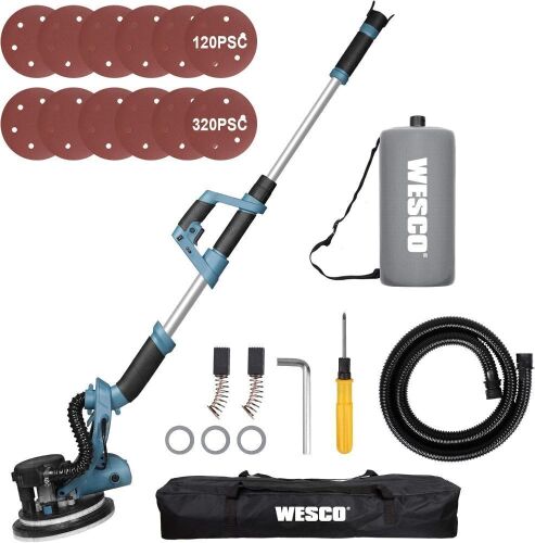 WESCO 6.5-Amp Electric Drywall Sander with Automatic Vacuum System, 6 Variable Speed, Extendable Aluminum Handle, LED Light, Dust Hose - Lot 582