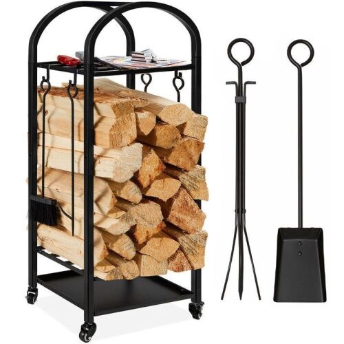 3-Tier Wrought Iron Firewood Log Rack w/ 4-Piece Tool Set, Wheels - 4ft - Lot 642