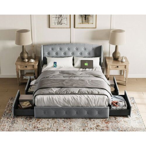 Linsy Home Upholstered Full Size Platform Bed Frame with Headboard and 4 Storage Drawers, Remote RGB Lights & Fast Charger - Lot 79
