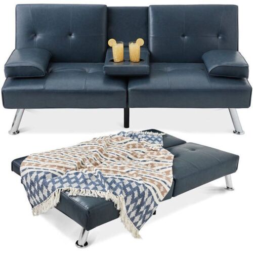 Faux Leather Upholstered Convertible Sofa Bed Futon w/ 2 Cupholders - Lot 82