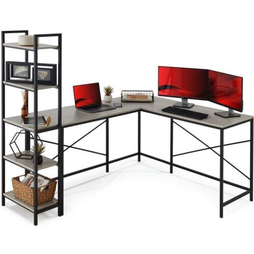 L-Shaped Computer Desk, Study Workstation w/ 5-Tier Open Storage Bookshelf - Lot 795