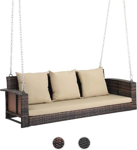 5' Wicker Hanging Porch Swing with Cushions Heavy Duty 800lbs - Lot 366
