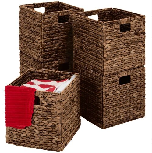 Set of 5 Collapsible Hyacinth Storage Baskets w/ Inserts - 12x12in - Lot 560