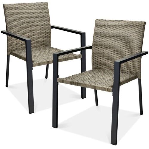 Set of 2 Stackable Wicker Chairs w/ Armrests, Steel Accent Furniture - Lot 655