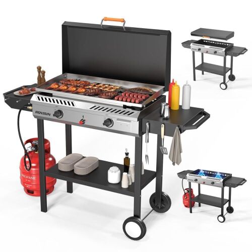 ROVSUN 2-in-1 150,000 BTU Gas Propane Stove & Griddle Combo with Side Shelves & Wheels - Lot 20