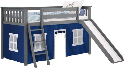 Max & Lily Twin Low Loft Bed with Slide and Blue Curtains, Grey - Lot 175