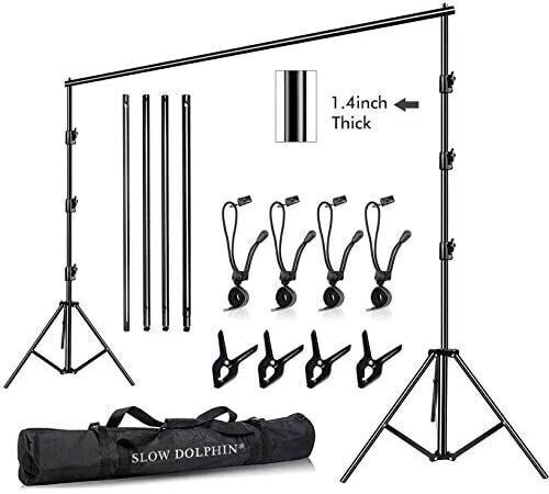 SLOW DOLPHIN 10 x 10Ft Heavy Duty Adjustable Muslin Backdrop Support System Kit with Carrying Bag, Clips, Clamps - Lot 812