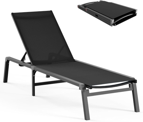 Aluminum Chaise Lounge Ourdoor - Foldable & Assemble Free Outdoor Lounge Chair with 5 Adjustable Backrest, Patio Lounge Chair for Outside Poolside Beach Pool, Black - Lot 4724