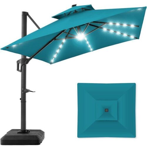 2-Tier Square LED Cantilever Offset Umbrella w/ 360 Rotation, Base - 10x10ft - Lot 36