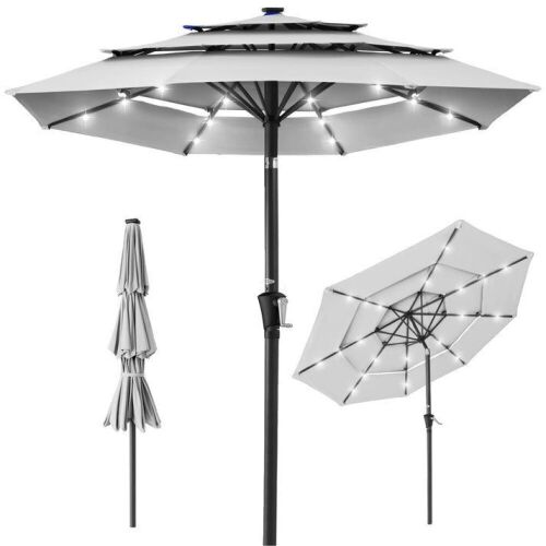 3-Tier Solar Patio Umbrella w/ LED Lights, Tilt Adjustment, Crank - 10ft - Lot 887