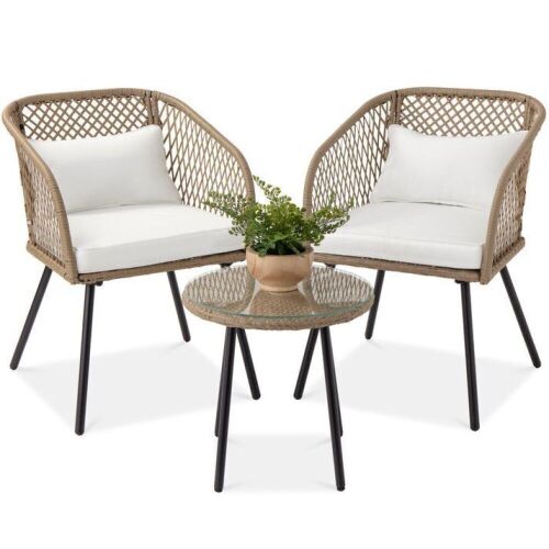 3-Piece Outdoor Diamond Weave Wicker Bistro Set w/ Tempered Glass Side Table - Lot 148