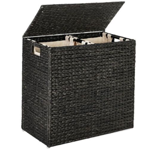 Large Water Hyacinth Double Laundry Hamper Basket w/ 2 Liner Bags - Lot 423