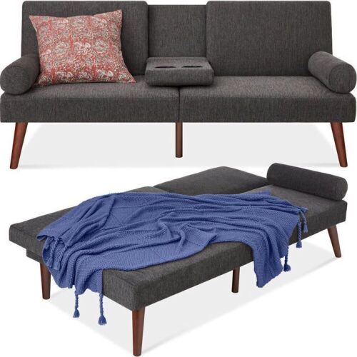 Fabric Upholstered Convertible Futon w/ Rounded Armrests, 2 Cupholders - Lot 253