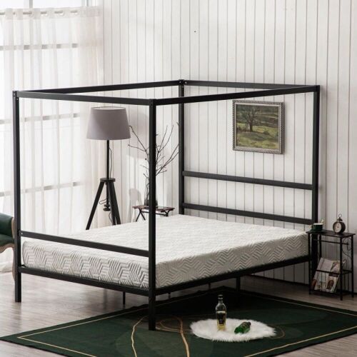  Black Metal Canopy Platform Bed Frame with Steel Slat Support, King  - Lot 77