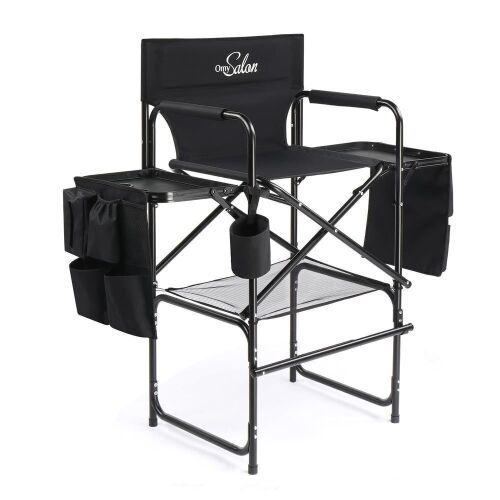 OmySalon 25in Portable Folding Director Chair with 2 Retractable Side Tables & 2 Side Bags - Lot 516