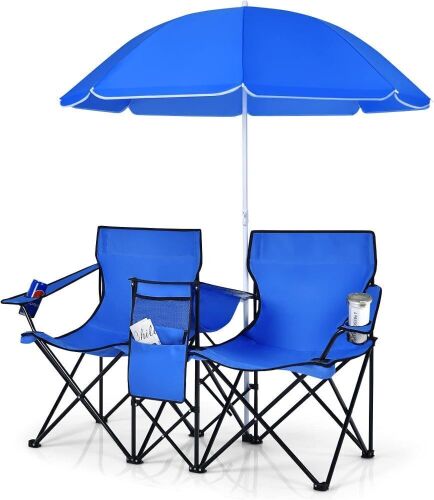  COSTWAY Double Folding Camping Chairs w/Detachable Umbrella, Cooler Bag, Cup Holders - Lot 713