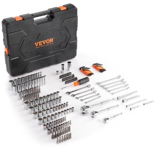 VEVOR 1/4" 3/8" 1/2" Drive Deep and Standard Sockets, 205 Pcs SAE and Metric Mechanic Tool Kit with Bits, Combination Wrench, Hex Wrenches, Accessories, Storage Case - Lot 75
