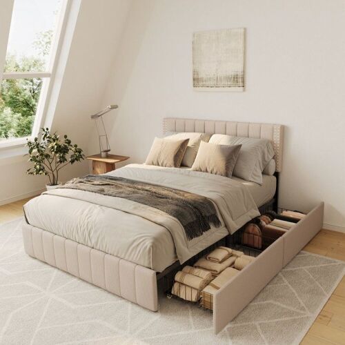 Upholstered Bed Frame with Storage Drawers, Full - Lot 73