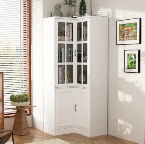 78.9 in. Tall 5-Shelf White Wood Corner Standard Bookcase with Adjustable Shelves, Tempered Glass Doors, Cabinet - Lot 38