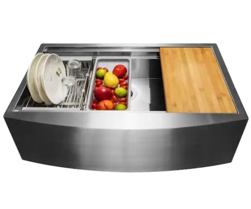 ADKY Handmade Farmhouse Apron Front 33 in. x 22 in. Single Bowl Stainless Steel Workstation Kitchen Sink with Accessories - Lot 54