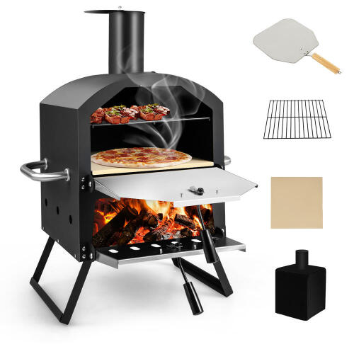 Costway 2-Layer Pizza Oven Wood Fired Pizza Grill Outside Pizza Maker With Waterproof Cover - Lot 3640
