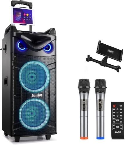 Moukey Karaoke Machine, Double 10" Woofer PA System for Party, Portable Bluetooth Speaker with 2 Wireless Microphone, Disco Lights and Echo/Treble/Bass Adjustment, Support TWS/REC/AUX/MP3/USB/TF/FM - Lot 4548