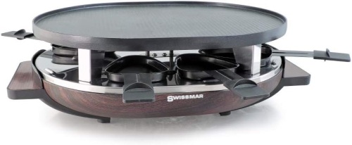 SwissMar Matterhorn Oval Raclette Table Grill Indoor w/ Wood Base - Reversible Cast Aluminum Non-Stick Grill Plate - Tabletop BBQ, Perfect for Parties & Family Bonding - 8-Person - Lot 4676