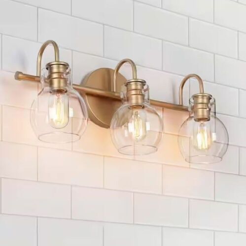  LNC Robb Modern 3-Light Gold Bathroom Vanity Light Interior Powder Room Lighting with Clear Globe Shades - Lot 261