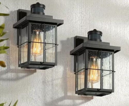  LNC Modern Black Motion Sensing Outdoor Sconce with Seeded Glass Shade, 2-Pack - Lot 353