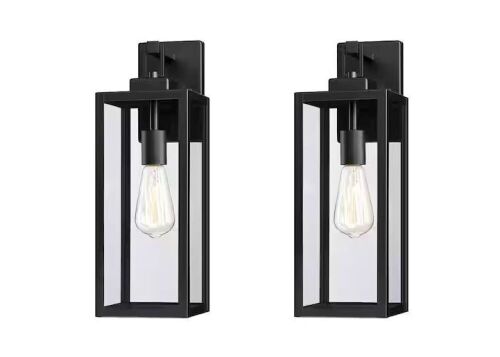 Hukoro Bonanza 18 in. 1-Light Matte Black Outdoor Wall Lantern Sconce with Clear Glass Shade, 2-Pack - Lot 361