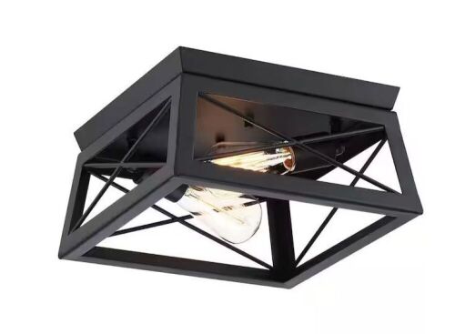 Dawn 2-Light Matte Black Farmhouse Caged Square Ceiling Light Flush Mount - Lot 366