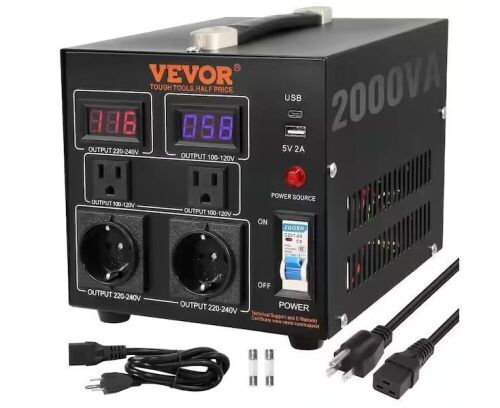 VEVOR Voltage Converter Transformer 2000 Watt Step Up/Down Transformer 110/220-Volt with US, EU Outlet USB Port LED display - Lot 367