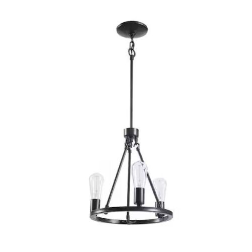 Hampton Bay Stratton 3-Light 12.75 in. Small Industrial Black Wagon Wheel Hanging Chandelier Pendant Light - Lot 457
