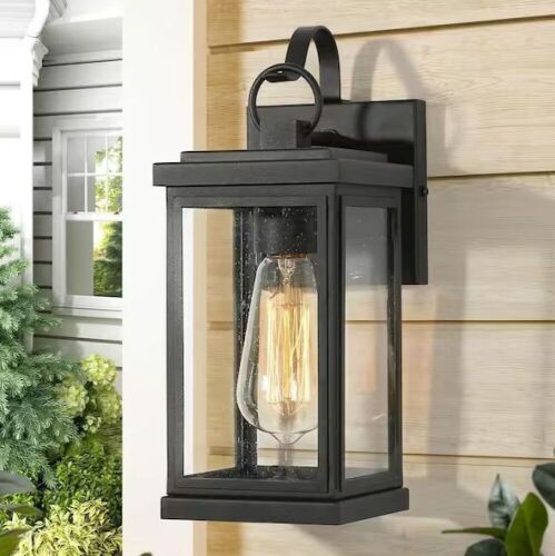 LNC Modern Matte Black 1-Light Outdoor Wall Light Sconce with Seeded Glass Shade, 2 Pack  - Lot 240
